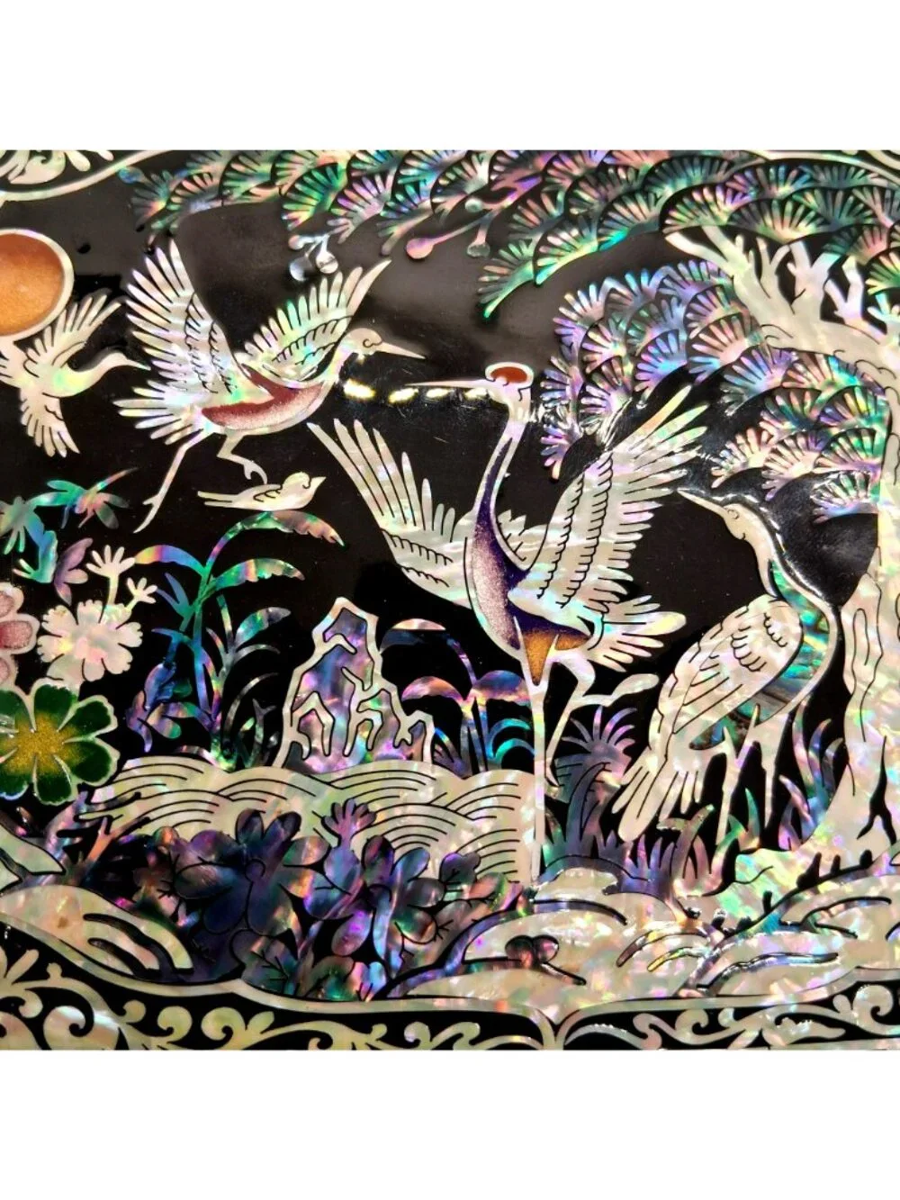 Elegant Mother-Of-Pearl Inlay Asian Jewelry Box Lacquered W Crane & Floral NWOB